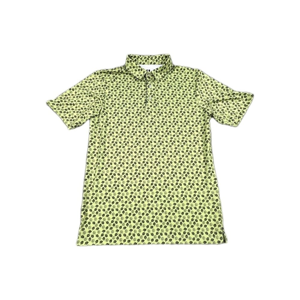 Eversole Run Polo Shirt Mens Medium Green Bald Man Print Short Sleeve Collared